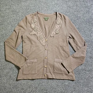 Eddie Bauer Cardigan Sweater Womens Medium Brown Floral Embroidery Button Casual - Picture 1 of 10