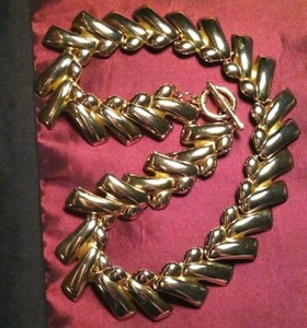 Designer ANNE KLEIN? Gold Plate Necklace w/Thick Check Wave Link, Toggle Clasp! - Picture 1 of 11