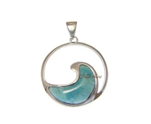 925 Sterling Silver Hawaiian Ocean Wave Natural Blue Larimar Pendant Charm - Picture 1 of 3