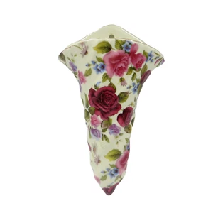Jarrón de bolsillo de pared Chintz estriado porcelana rosa inglés rosas de cabaña adorno dorado - Imagen 1 de 7