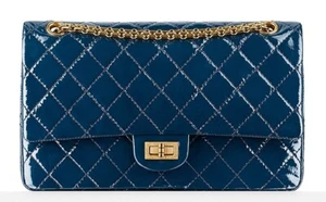 CHANEL 2.55 Quilted Patent Reissue Double Flap Bag 226 Medium Blue Gold Hardware - Picture 1 of 16
