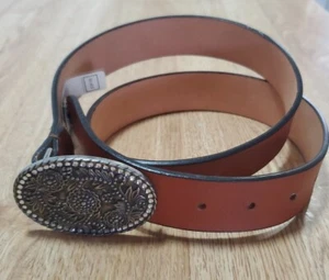 Nine West Womens Genuine Leather Belt Wide 1.25" Medium Brown Western Metal EUC - Picture 1 of 10