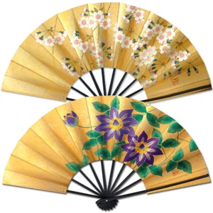 Kyoto Gold Sensu Japanese Folding Fan Reversible Clematis Cherry Japan - Picture 1 of 5
