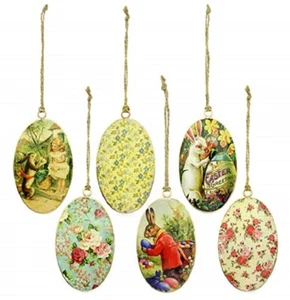 Vintage Style Egg-Shaped Easter Decorations Set of 6; Bunny and Egg Ornaments - Picture 1 of 9