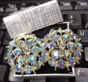 Vintage Estate Jewelry ~ BSK Silvertone BLU strass clip su orecchini ~ 1" D - Foto 1 di 5