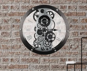 50333 Wanduhr Industry Metall Glas schwarz silberfarben m sich bewegenden Rädern - Bild 1 von 4