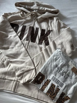 93 Victoria's Secret ROSA Beige Leopardo Sudadera con Capucha y Camiseta Grande Nueva con Etiquetas Foto 1 de 2