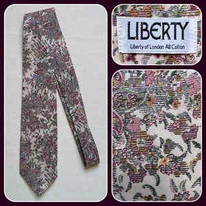 Vintage 1980s 1990s Liberty Pink Green Cream Floral Cotton Neck Tie 7.5cm Wide - Picture 1 of 6