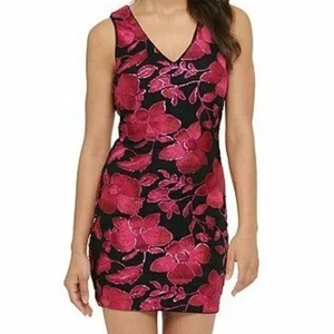 Guess Floral Scuba Dress 8 Pink Black Sequin Embroidered Sleeveless Sexy Back - Picture 1 of 15