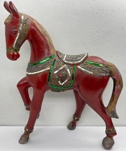Vintage Decorated Wood Red Wedding Horse Folk Art Hand Carved 15” Thailand RARE - Picture 1 of 22
