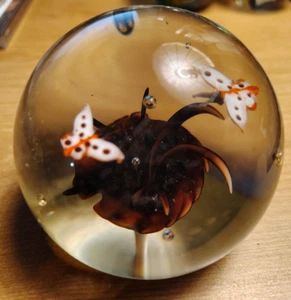 Vintage Colorful Glass Paperweight With Butterflies & Flower - Picture 1 of 2