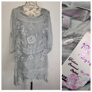 Pretty Angel Fairy Tunic Top S Silk Lace 3/4 Sheer Sleeves Romantic Whimsycal - Picture 1 of 12