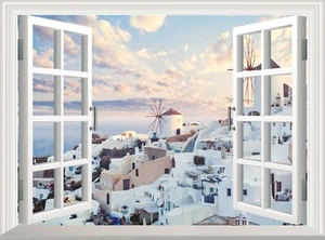 Calcomanía de pared Santorini Grecia 3D ventana falsa pegatina peeling y palo póster mural arte - Imagen 1 de 7