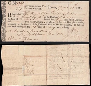 1763 LONDON-Park Lane COACH WHEEL TAX RECEIPT Lord Milton 1st Earl DORCHESTER - Picture 1 of 1