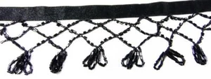 Hand Crochet Beaded Fringes Black Color Glass Cut Beads Net Dance Lamp- 1 Yard - Picture 1 of 3