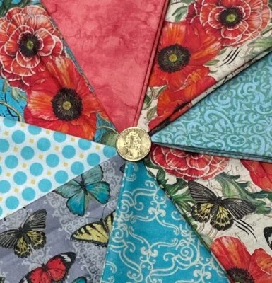 Poppies and Butterflies Springs Creative Turquoise Coral Cotton Fabric Bundle - Image 1 of 4