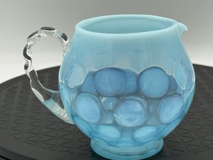 Rückseite Vintage Fenton blaue Münze Punkte opalisierend gedrungen Krug Glas! - Bild 1 von 9