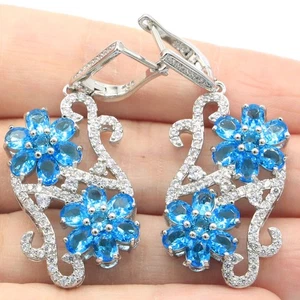 Pendientes de plata bonitos grandes con forma de flores topacio azul suizo circonita cúbica regalo para mujer - Imagen 1 de 3