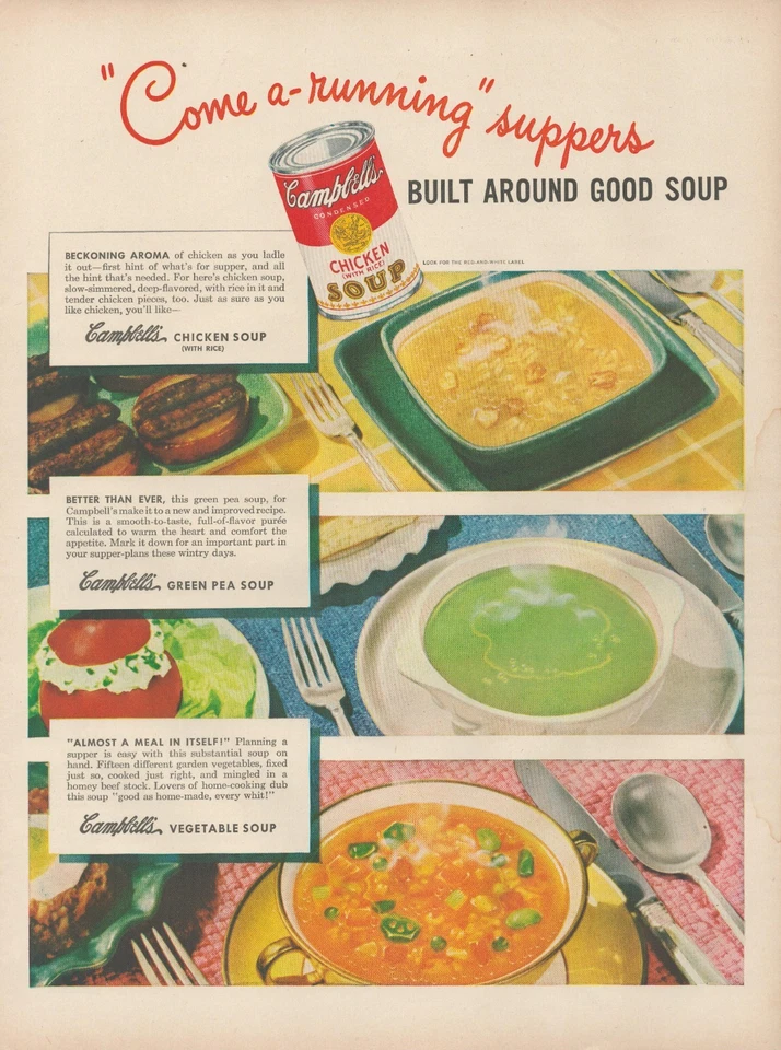 1948 Campbell's Soup Come a-running Suppers Chicken Green Pea Vegetable Print Ad - Imagem 1 de 1