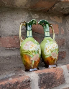 Hand Painted Floral Pitchers Pair - Antique Ceramic Ewers - - Picture 1 of 9