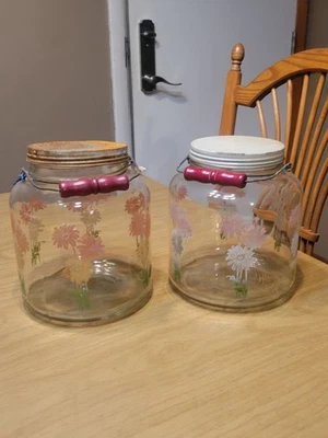 2 Vintage Daisy Glass 1 Gallon Jar w/ Bale Wire Red Wood Handle & Lid "Hoosier"? - Image 1 of 4