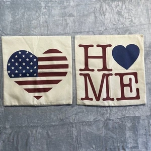 Burlap Throw Pillow Covers 4th of July Home and Heart Flag 17" x 17" Set of 2 - Picture 1 of 12