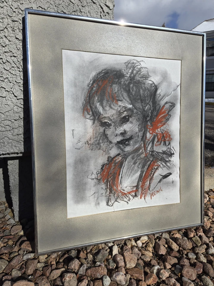 Arte abstracto vintage carbón y pastel retrato de un niño, firmado gallina Foto 1 de 4