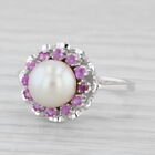 Cultured Pearl Ruby Halo Ring 18k White Gold Size 5