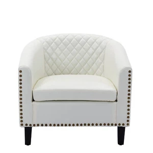 Accent Armchair Single Sofa Club Leisure Barrel Chair Wood Leg PU Leather Rivets - Picture 1 of 21