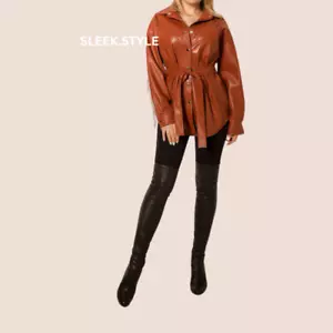 Women Shirt Leather Stylish Lambskin Fringe Brown Slim Fit Party Wear Soft Shirt - Picture 1 of 9