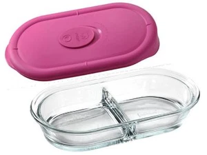 ❤️ 8300 / 8301 PYREX Storage 2 Cup DIVIDED Glass DISH & BERRY PINK Vent COVER - Picture 1 of 2