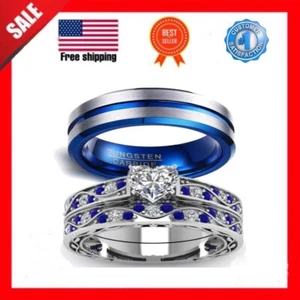 Couple Ring Bridal Sets His Hers Women 10K White Gold Filled Men TOP QUALITY 💥 - Picture 1 of 7