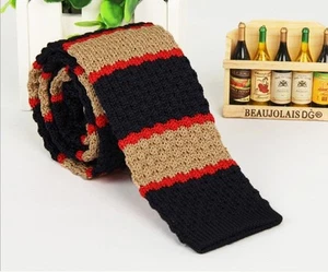 Men's Khaki Striped Knit Knitted Tie Necktie Narrow Slim Skinny Wove ZZLD314 - Picture 1 of 2