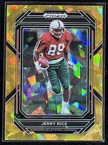 Selecciones del draft de Panini Prizm 2023 Jerry Rice No. 51 Oro Cracked Ice Prizm 49ers Salón de la fama - Imagen 1 de 2