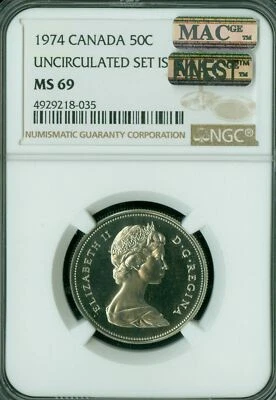 1974 CANADA 50 CENTS NGC MS69 PQ MAC FINEST GRADE MAC SPOTLESS * - Image 1 of 2