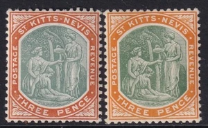 St Kitts-Nevis 1905-18 3d. Deep Green & Orange SG18-18a-both papers-mounted mint - Picture 1 of 2