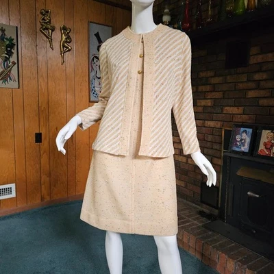 Vtg 70s Mod Rainbow Confetti Knit Oatmeal Stripe Blazer + Mini Shift Dress M/L - Image 1 of 4