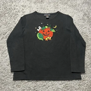 Vintage Y2k Womens Black Halloween Pumpkin Long Sleeve T Shirt Small Fitted 90s - Picture 1 of 6