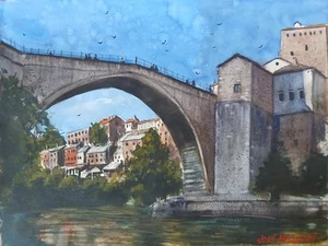 Watercolor Original Painting City Of " "Mostar , Bosnia" 12" x 16" NOT A PRINT - Picture 1 of 6