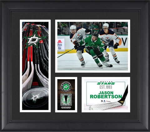 Jason Robertson Dallas Stars FRMD 15" x 17" Collage with a Piece of GU Puck Cover