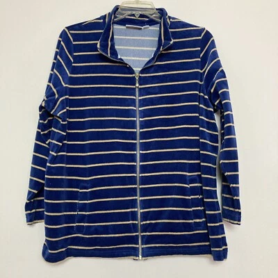 Quacker Factory 1X XL Blue Gold Striped Zip Up Long Sleeve Velour Bling Zipper - Image 1 of 4