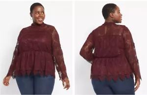 Lane Bryant Mock-Neck Illusion Lace Peplum Blouse Size 16 Maroon Long-Sleeve NWT - Picture 1 of 17