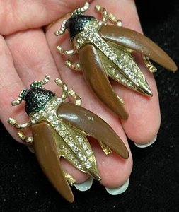 Vintage Art Deco rhinestone jewelry bug cicada beetle clips - Picture 1 of 12