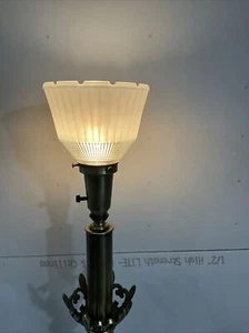 VTG Torchier Hollywood Regency Brass Table Lamp With  Glass Shade - Picture 1 of 16