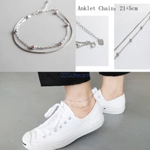 Real 925 Sterling Silver Fine Anklet Double-deck Charm Snake Chain Foot Jewelry - Picture 1 of 5
