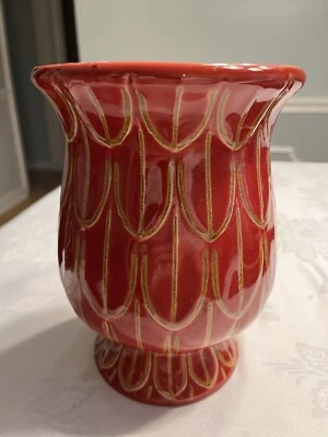 "Jarrón jardinera con pedestal de cerámica roja y dorada Pier 1 Imports 8""" Foto 1 de 4