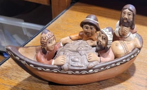 Clay Sculpture Jesus/Disciples in Canoe w/Fish - Peru - Picture 1 of 5