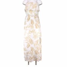 Michael Stars Tara Guaze Maxi Dress Strapless Side Slit White Tan Palm Leave S