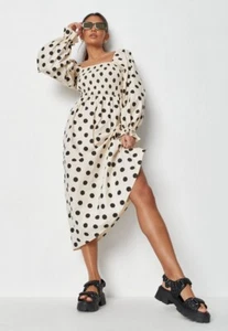 Missguided Cream Polka Dot Shirred Bust Midi Women Dress Size 10 New 100%Cotton!