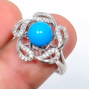 Anello turchese e zirconi bianchi pietra preziosa fatto a mano design antico regolazione R606-58 - Foto 1 di 3